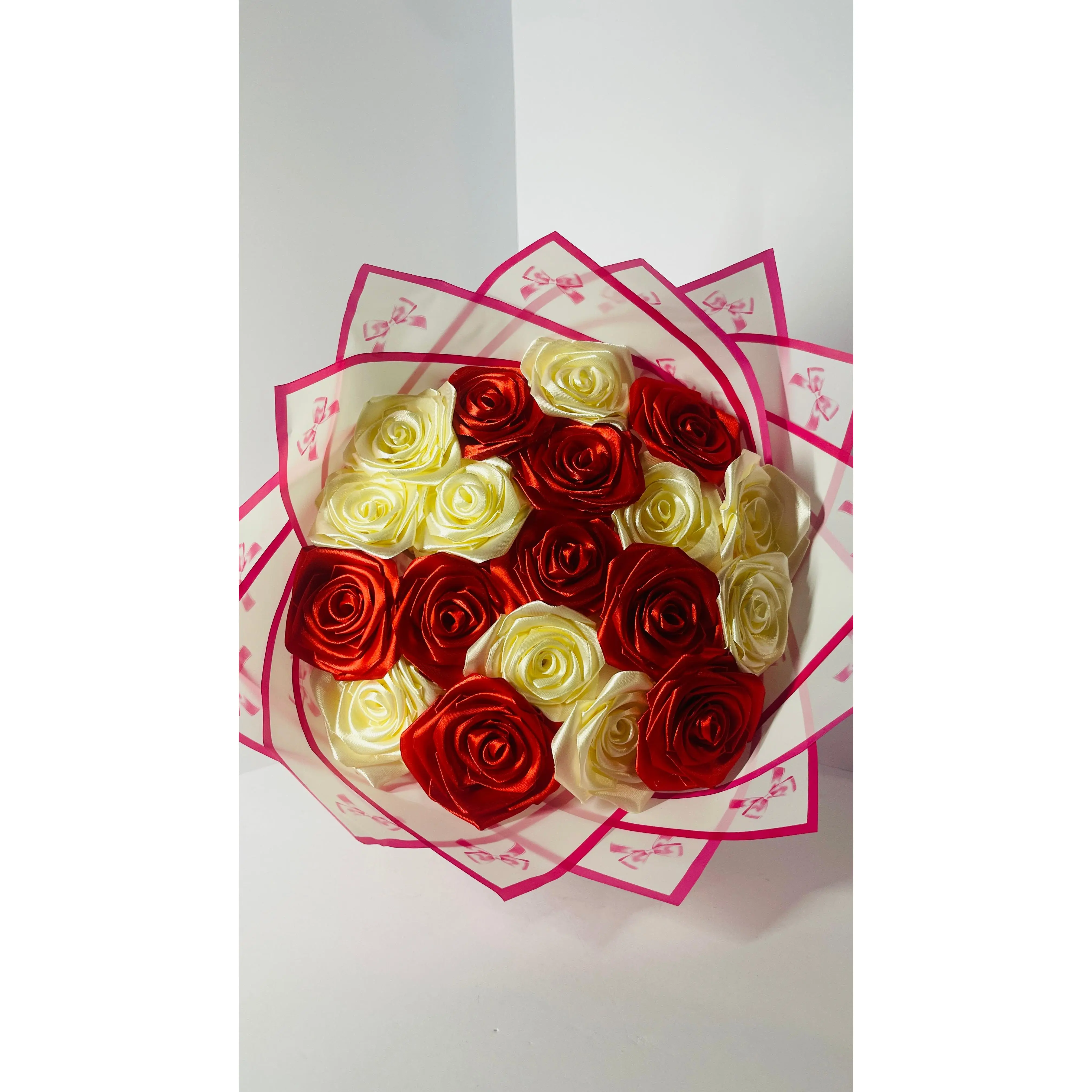 Elegant 19-Stem Handcrafted Ribbon Rose Bouquet – Red & Cream Satin Floral Arrangement