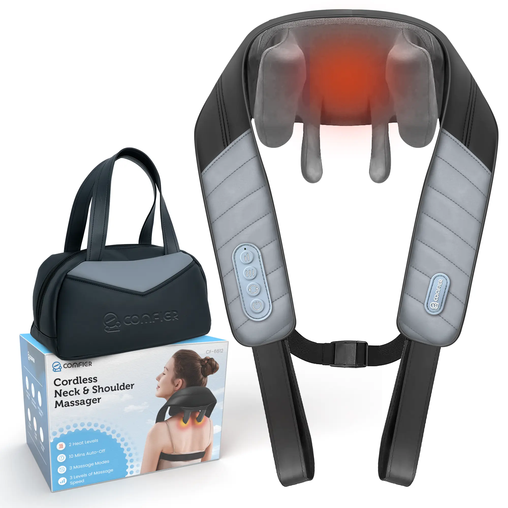 COMFIER Father Day Gifts for Men, 4D Neck and Shoulder Massager with Heat, Cordless Shiatsu Back and Neck Massager for Pain Relief, Hands-Free Massage Pillow with Carry Bag