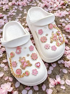 18pcs Fashionable Gold Bear, Cherry Blossom Heart, Rhinestone Chain Detachable DIY Shoe Clips, Multifunctional Footwear Accessories