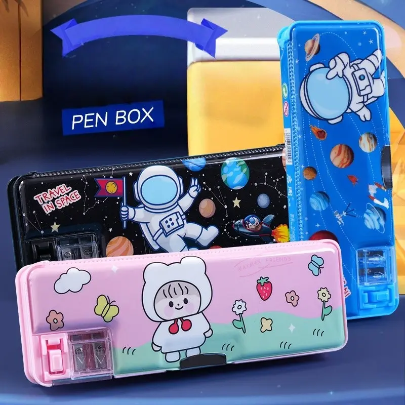 1 pc Multifunctional Pencil Case, Dual Layer Simple Design, Cartoon Pencil Box for Boys and Girls, Elementary School Plastic Pen Holder