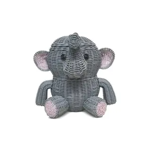 Large Gray Elephant Rattan Storage Basket With Lid Hand Woven Shelf Organizer Handmade Gift Wicker