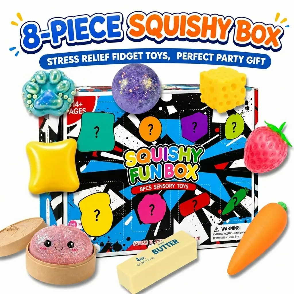 8-Piece Set Poke Box Malt Sugar Stress Relief Fidget Toys, Sensory Bundle, Creative Slow-Return Squishy, Party Gift, It includes buns, strawberries, cheese, carrots and more.8 Different Styles