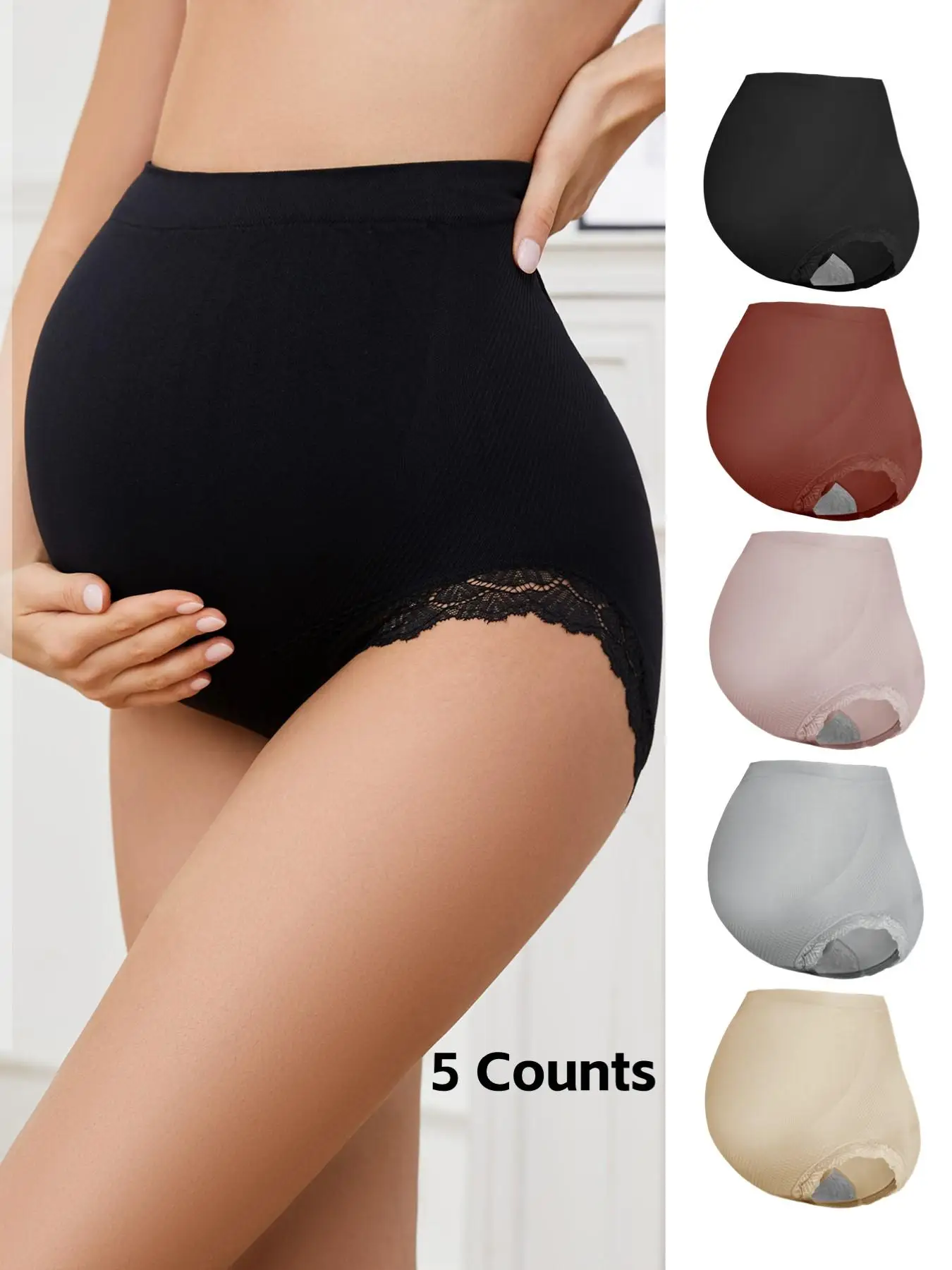 Maternity Solid Color High Waist Panty, Comfortable Breathable Lace Trim Panty for Pregnancy & Postpartum, Maternity Underwear for All Seasons, Clothi