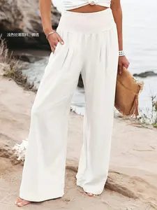 Women's Beach Vacation Style Boho Wide Leg Pants, Womenswear, High Waist Elastic Design, Slimming Droop, Comfortible for Daily Wear