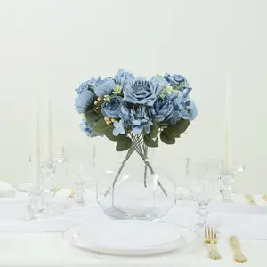 2 Pack Silk Rose Bouquets Mixed Peony & Hydrangea - 12" Dusty Blue Artificial Floral Arrangements