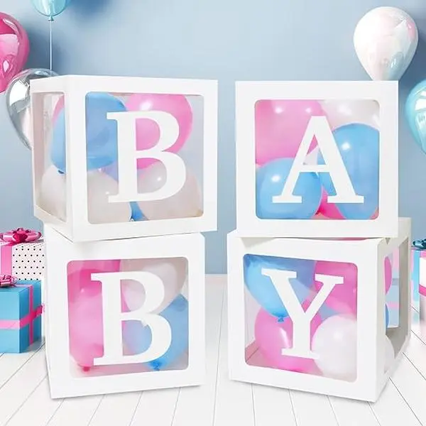Baby Boxes for Baby Shower Decoration with 4pcs Clear Balloon Boxes BABY Blocks and 36 Balloons for Girls Birthday Party Decorations Pink
