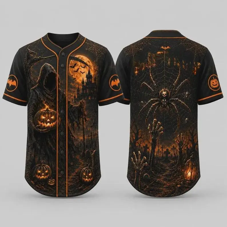 Unisex Grim Reaper Halloween Baseball Jersey - Graveyard Short Sleeve Top, Spooky Gothic Black-Orange Multi-Size Name Apparel for Trick-or-Treat, Halloween Party