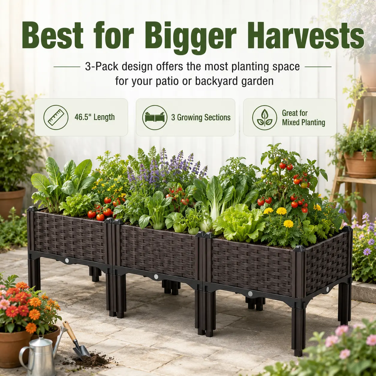 Raised Garden Planter with 3 Growing Sections, Ideal for Mixed Planting & Bigger Harvests, Patio Backyard Home Improvement Garden Supplies