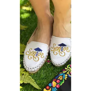 Gold Senior 2026 Blue Regular Flat Women's Slipper with Gold Accents and White Leather Details