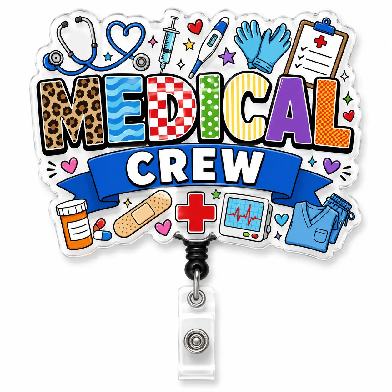 Retractable Healthcare Badge Reel, 2-in ID Holder with Colorful Acrylic Clip, Playful Identification Accessory for Medical Staff to Secure ID Cards, Snap Button