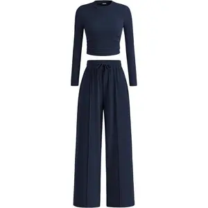 Women’s Casual Two-Piece Sets – Fall Outfits 2025: Ribbed Long-Sleeve Cropped Top and Wide-Leg Pants Matching Loungewear Set