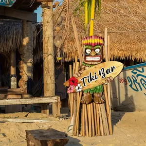 Tiki Bar Sign Decor, Wooden Surfboard Plaque with Tropical Tiki Statue & Vibrant Orchid, Modern Outdoor Hawaiian Theme Party Decoration, Coastal Decor