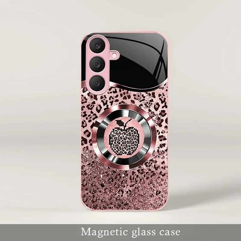 MagSafe Glass Smartphone Case for Galaxy S25 FE - Trending Affordable Luxury Pink Glitter, Mermaid Scales & Leopard Print, Handheld Cellphone Protection for Devices - 9435
