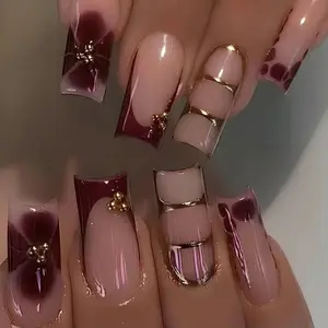 24pcs Gothic Punk Press-On Nails, Rhinestone Water Bucket Shape, Glam Nails, Perfect for Women's Parties
