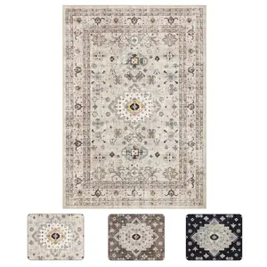 5 x 7 ft Polyester Cashmere Beige Rectangular Hallway Bathroom Entryway Kitchen Office Foldable Flower Printed Persian Washable Area Rug-C