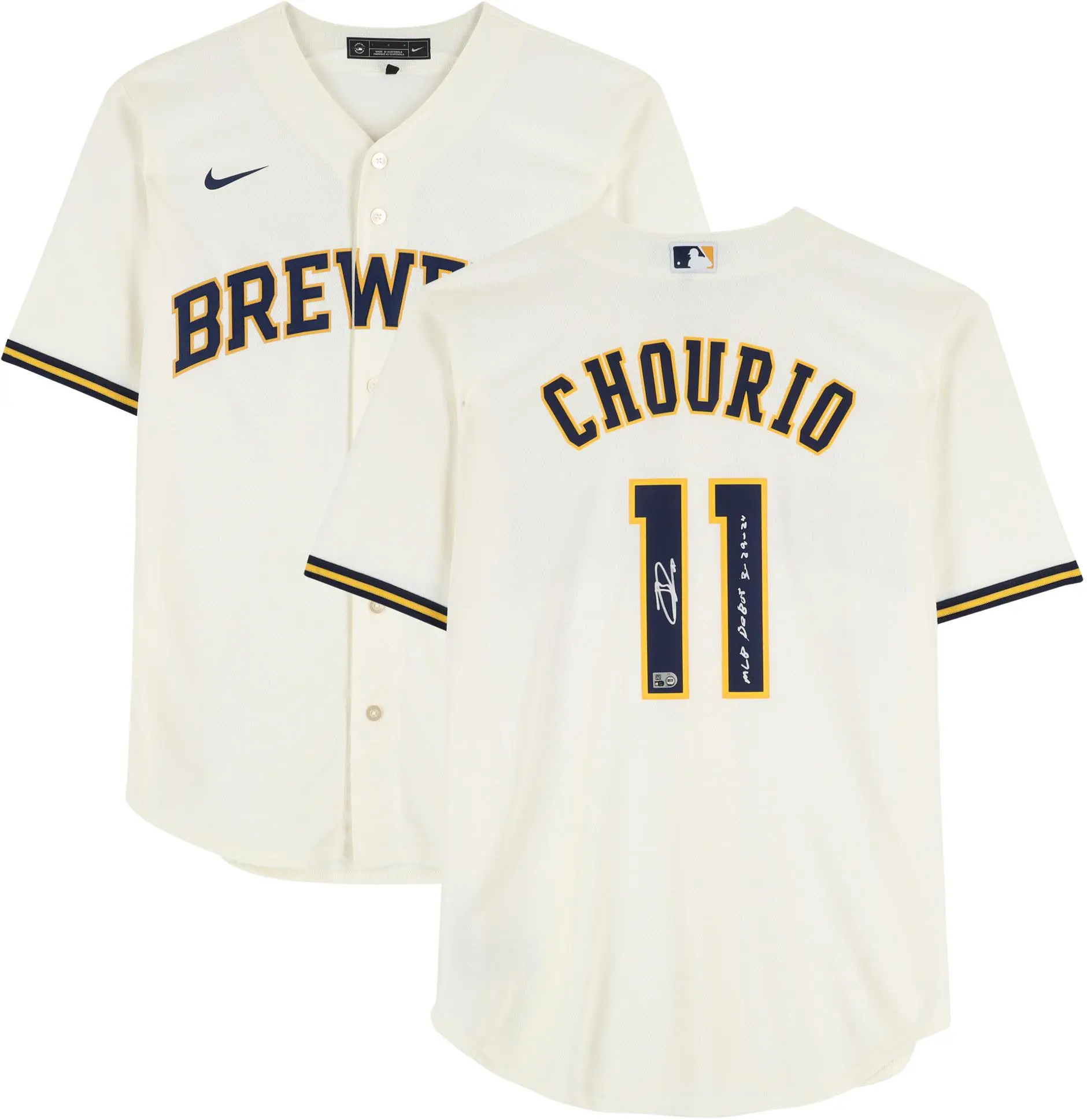 Jackson Chourio Brewers Signed Cream Nike Replica Jersey w/Debut 3-29-24 Insc