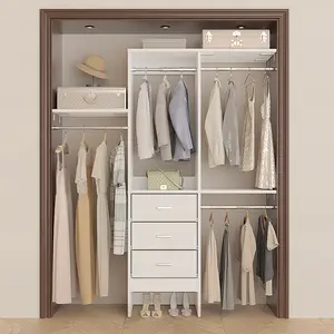 15-48 inch Walk-in Closet Organizer System With 3 Fabric Drawer ＆ 4 Hanging Rods,Sturdy Closet System with Adjustable Storage Shelves