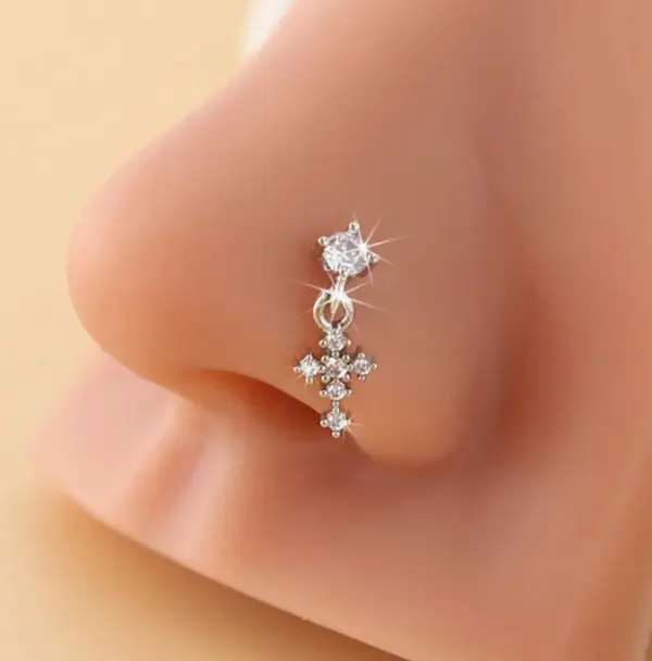 Female Hanging Cross Pendant Nose Piercing, Eco-Friendly Materials Body Jewellery, Lightweight Comfortable for Daily Wear, Nostril Nose Ring, Women, Everyday, Stylish Cross Pendant, Unique Body Accessory, Body-Safe Piercing Jewelry