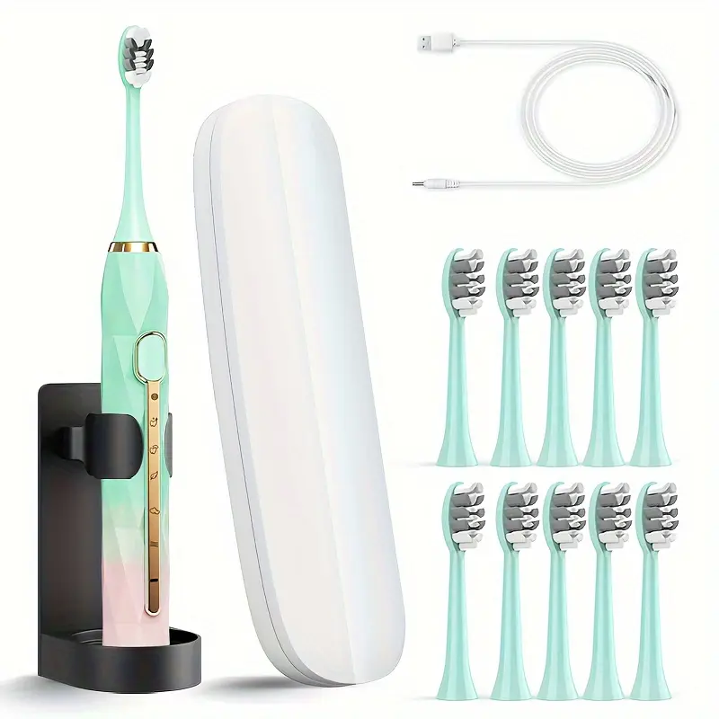 IPX8 waterproof sonic electric toothbrush, USB charging, couples’ model with replaceable head and metal handle, suitable for adults and both genders, smart timer and 5 replacement brush heads
