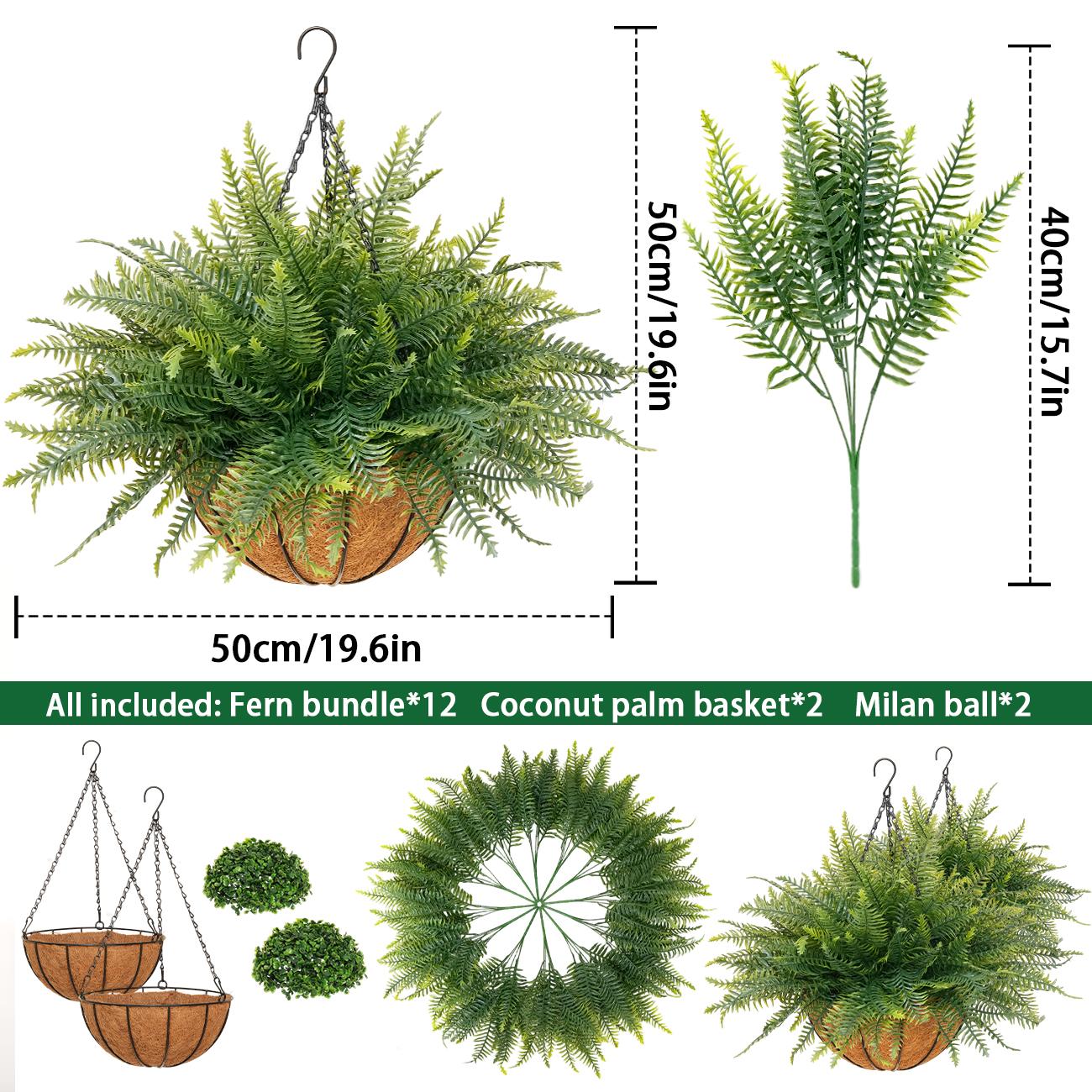 2 Set Artificial Hanging Fern Plants Outdoor Fake Hanging Ferns Planter, Includes Hanging Flower Basket And Artificial Fern, UV Resistant Faux Fern Plant Basket For Outdoors Patio Garden Home Decor