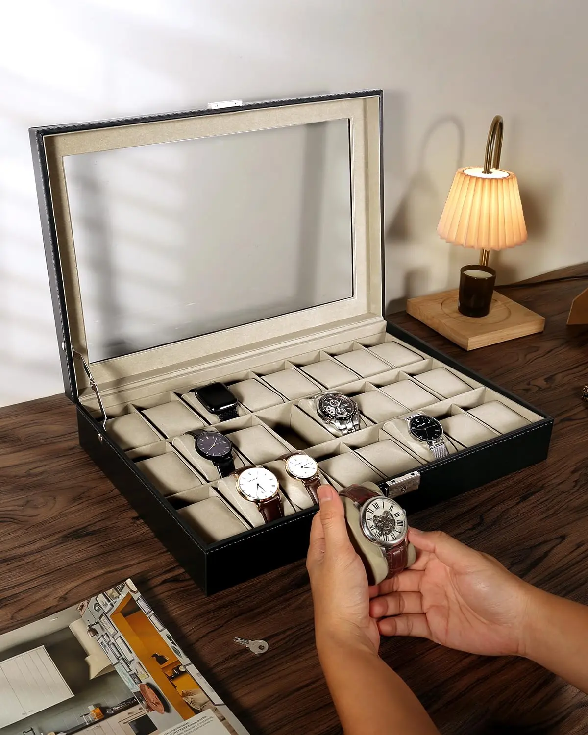 Modern PU Leather Watch Storage Box Organizer, 24-Slot Display Case for Men with Glass Top & Removable Pillows, Ideal for Christmas, Birthday, Graduation & Anniversary Gifting, Memorial Day, Retirement, Ceremony, 24 Slots, Artificial Leather, Wristwatch S