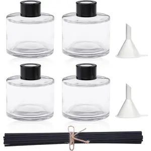 4PCS Fragrance Glass Diffuser Bottles, Refillable Diffuser Bottles with 20pcs Reeds Sticks & Black Caps & Funnel, Diffuser Jars for Home Oil Fragrance Decoration Girl Women Gift (100ML) Scented Perfume Aroma Freshener