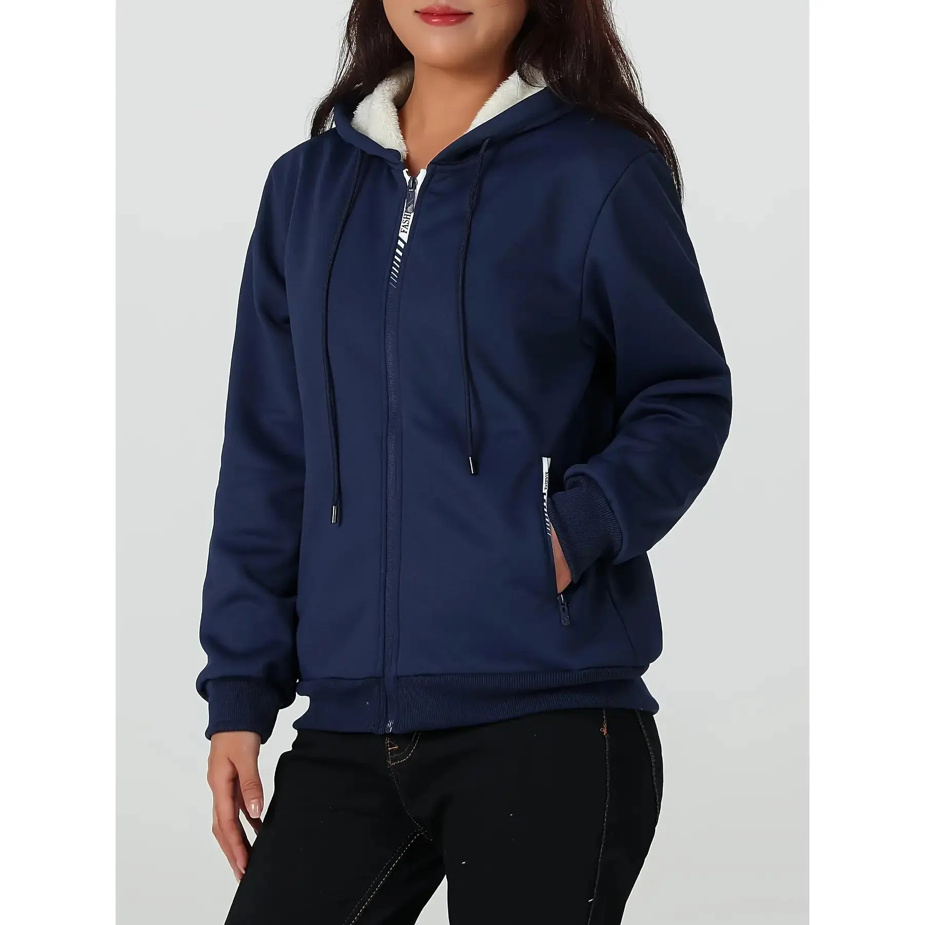 Women's Zip-Up Hoodie, Casual Loose-Fitting Solid Polyester Fleece Outerwear with Pockets and Longsleeves for Fall Winter, Tops, Fabric, Sweatshirts, Knit, Clothes, Pocketed Front, Regular Length, Dry Clean, Long Sleeve, Machine Washable, Fabric: Non-Stre