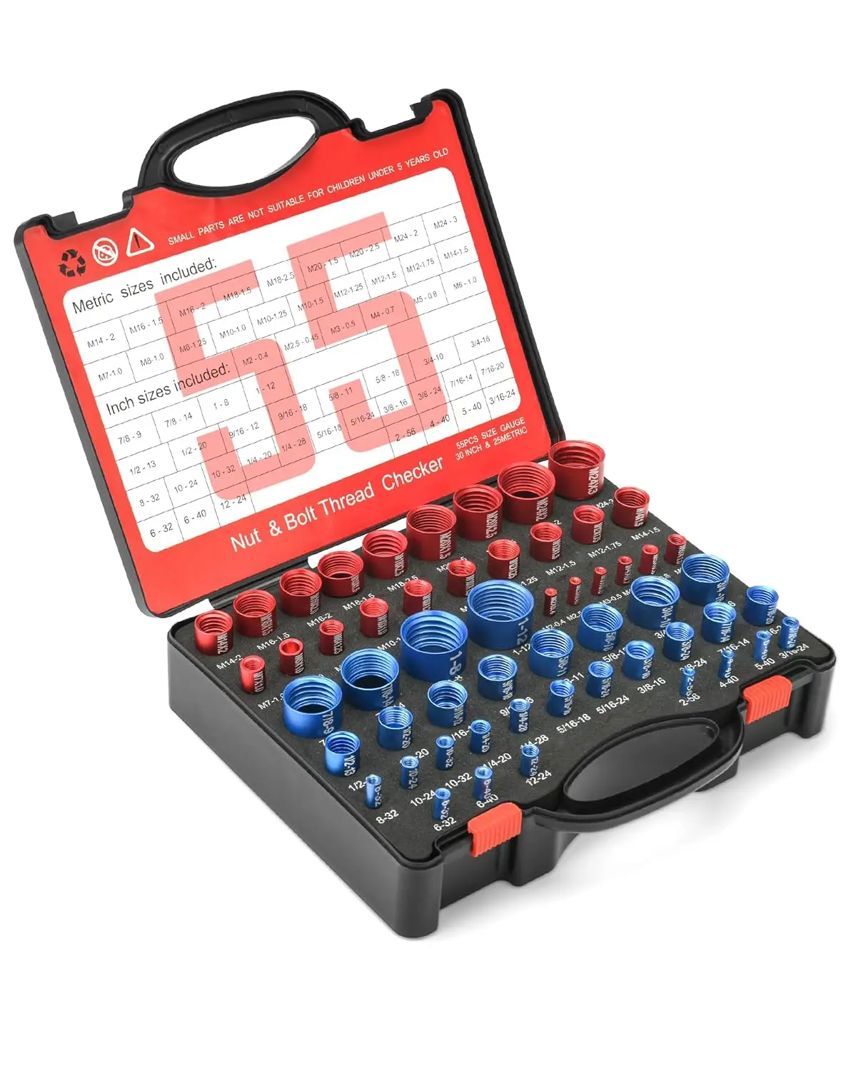 55-Piece Thread Checker Set – Nut & Bolt Size Gauge (Metric & SAE), Thread Identifier Tool with Storage Box for Quick & Accurate Measurement