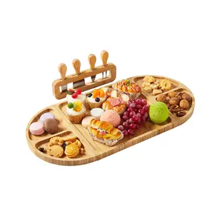 Large Wood Cheese Board Set with Knives Set for 8-10 People, 23x11.6 Inch Cheese Platter with Compartments, Serving Tray for Party, Housewarming Gift