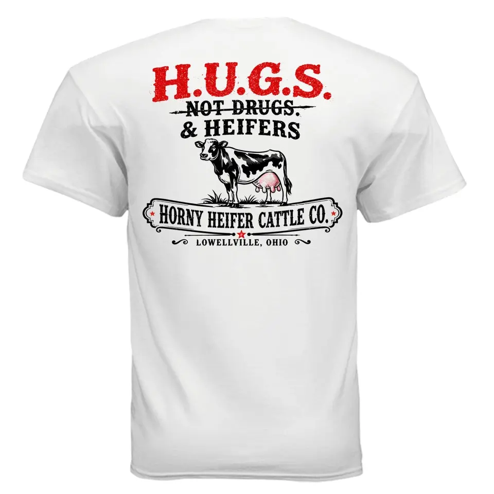 Hugs N Heifers Vintage TShirt Cotton Short Sleeve TShirt Funny Adult Relationship  Humor Graphic Shirts, Streetwear Golf Gift for Men Unwearable Bar Humor Cowboy ranch Life unhinge humorous meme farm animal