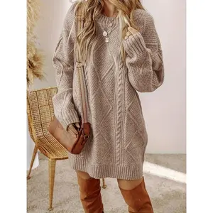[holiday gifts][christmas gift] Women'S Elegant Loose Fit Sweater - Long Sleeve Round Neck Sweater Dress, Soft Brown Fall Winter Sweater for Everyday & Formal Outfits, Easy-care Chic Sweater For Women, Sweater Dress, Winter Clothing, Durabl
