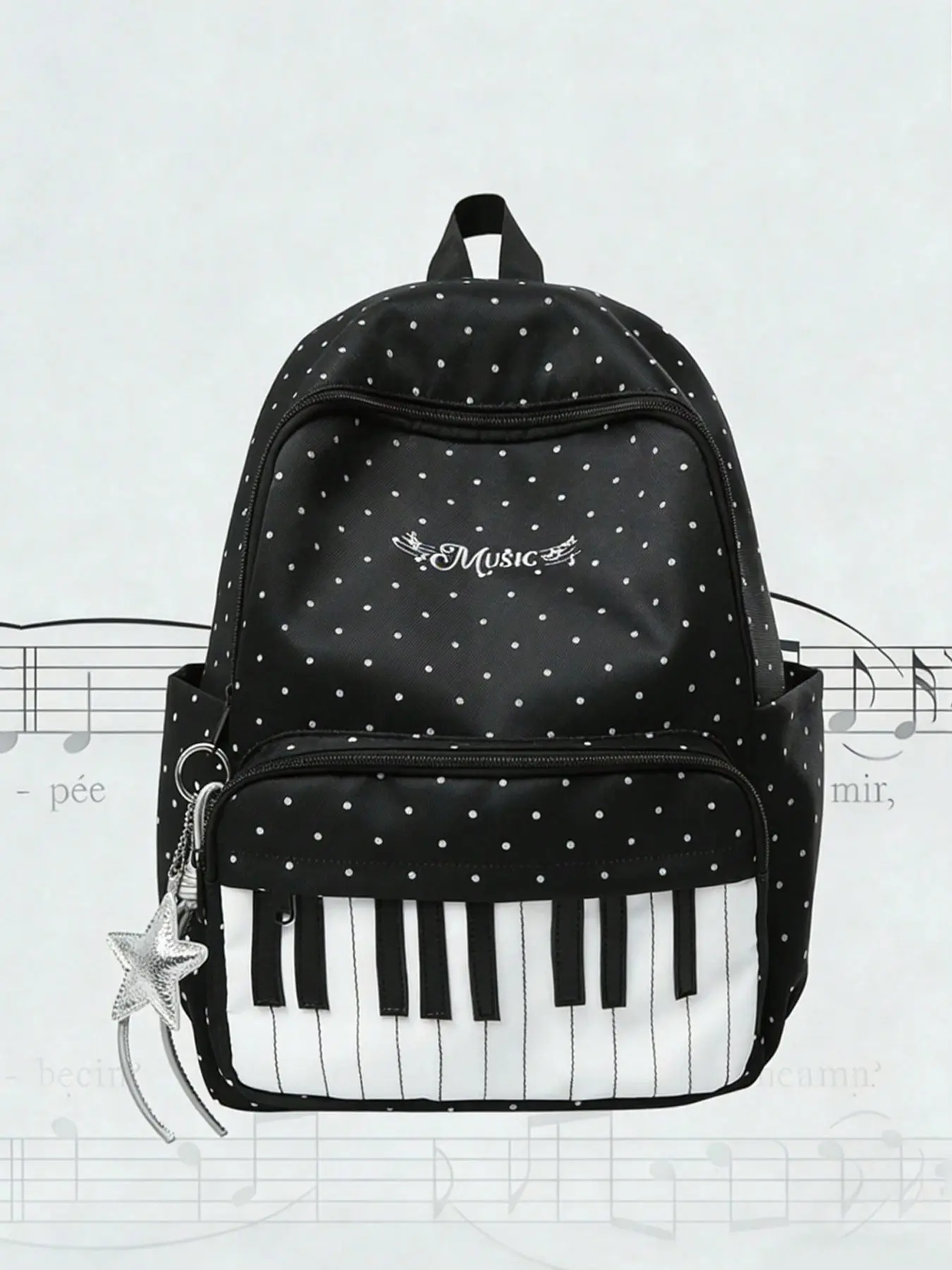 Small niche design with music theme style Zip Backpack, piano keys and polka dot decoration design, fashionable and high-quality large capacity personalized backpack, suitable for school and daily commuting