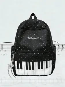 Small niche design with music theme style backpack, piano keys and polka dot decoration design, fashionable and high-quality large capacity personalized backpack, suitable for school and daily commuting