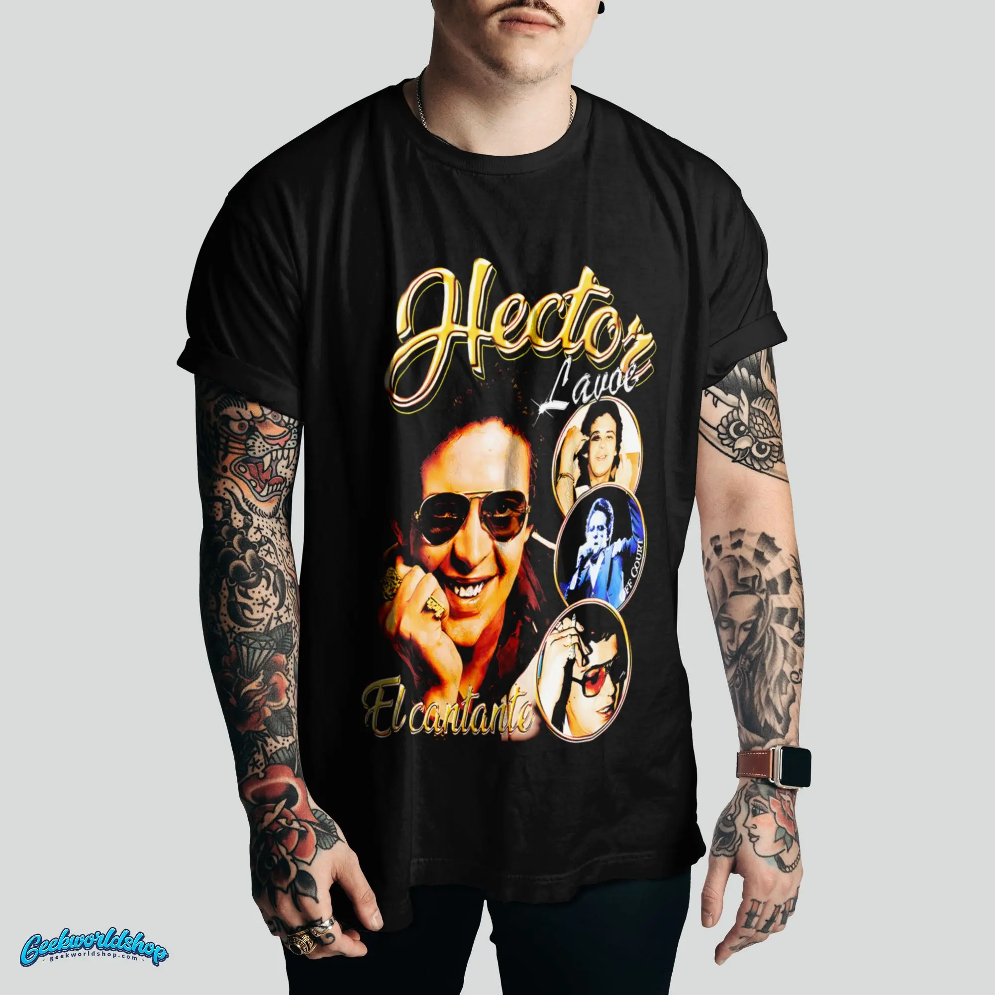 Women's Casual Cotton Retro Soft Streetwear Héctor Lavoe Black T-Shirt - Gold "El Cantante" Salsa Legends Tee, Vintage, Geek