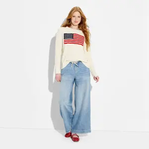 Women's Crewneck American Flag Pullover Sweater - Wild Fable Dark Off-White Flags L