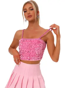 INSPIRE CHIC Sequined Cami Top Velvet Spaghetti Strap Club Party Crop Tank Tops