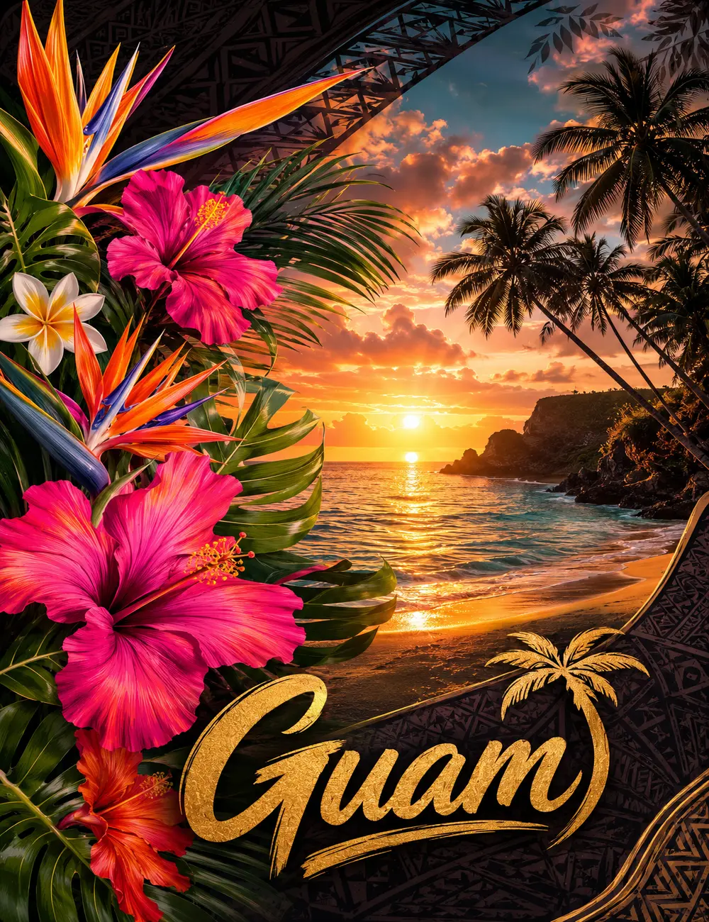 Guam Travel Poster Wall Art Tropical Island Canvas Print Vintage Coastal Beach Decor Pacific Paradise Landscape Artwork Hawaiian Style Sunset Ocean Palm Trees Hibiscus Floral Vacation Home Decor Souvenir Gift Unframed Poster Print