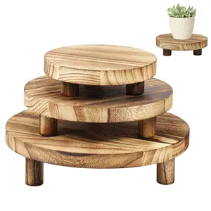 3Counts Wooden Stool Display Stand 3 Sizes Wood Plant Stand Round Wood Riser with Removable Feet Holds up to 50lbs Wood Plant Riser Stand Practical Wood Plant Holder
