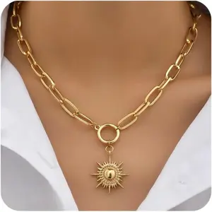 Gold Necklace for Women 18K Gold Plated Sun Paperclip Link Chain Necklaces Sunflower pendant necklaces Chunky Gold Sunshine Celestial Necklaces Minimalist Jewelry