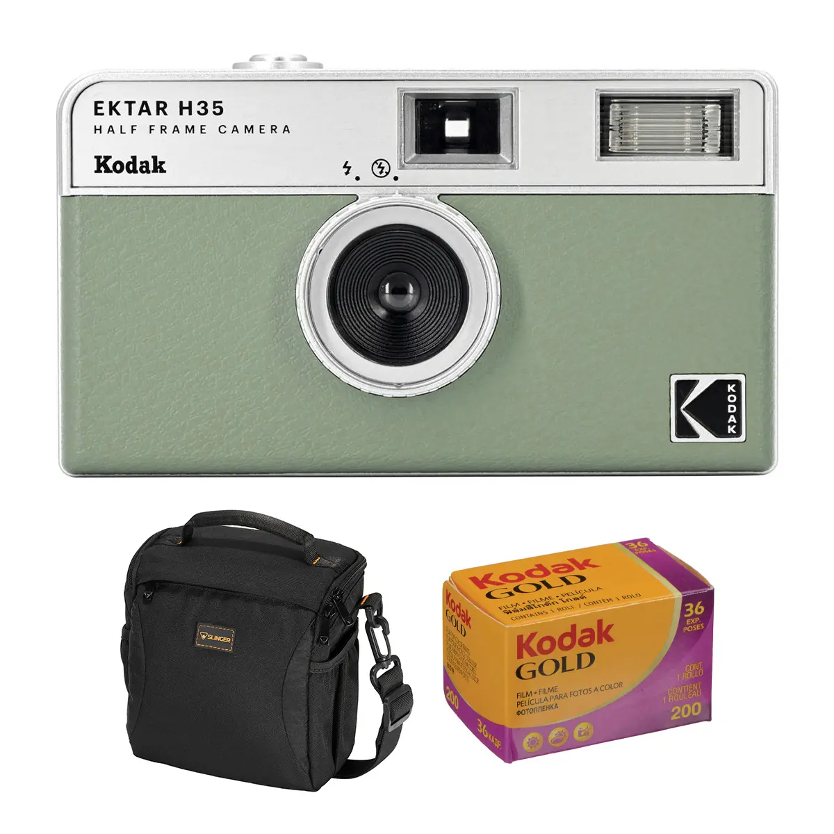 Kodak EKTAR H35 Half Frame Film Camera, Sage, Bundle with Kodacolor Gold 200 35mm Color Negative Roll Film and Slinger Alpine Shoulder Bag