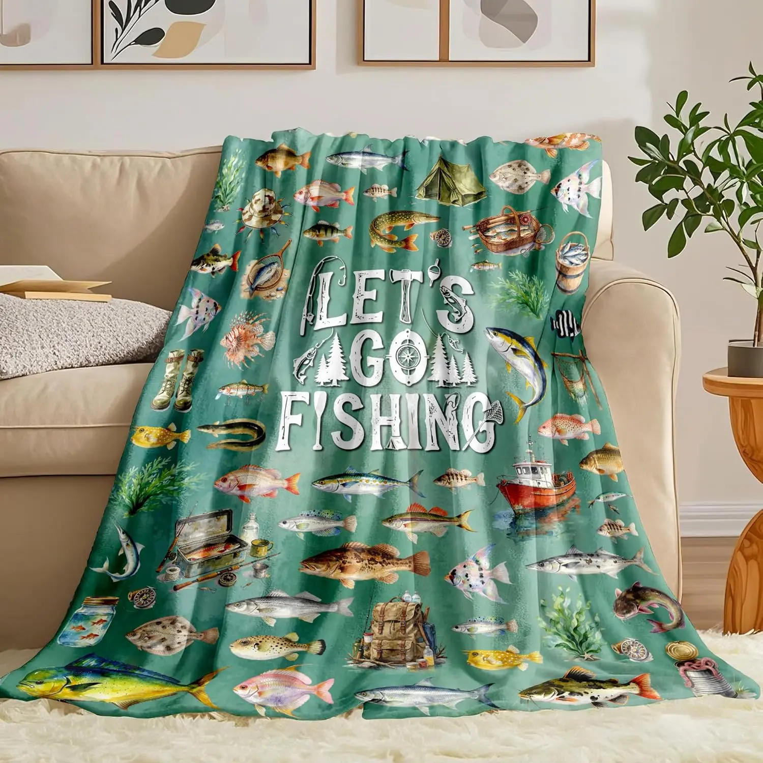 Fish Blanket Gifts for Men Fishing Lovers Soft Flannel Fishing Throw Blanket Fish Anglers Birthday Stuff Gifts Bedding Decor for Kids Adults