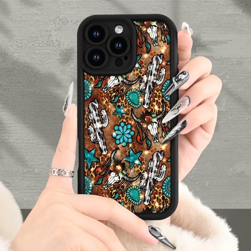 Western Cow Bone And Cactus Pattern Case for iPhone 16 15 14 Pro Max 13 12 11 XR XS E Plus Shockproof Non Slip Military-Grade Protection Silicone Cover