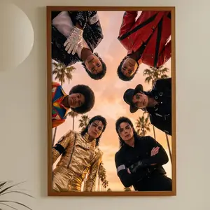 Michael Jackson Era Costumes Poster – Iconic Stage Outfits Group Wall Art Print with Sunset Backdrop, Retro Music Decor for Bedroom, Studio, Dorm or Creative Spaces
