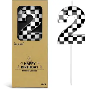 Number 2 Racing Cars Birthday Candles,2.68 Inch Black White Checkered Birthday Number Candles, Cool Racing Themed Number Candles for Boys and Girls, Kids Race Car Themed Party Decorations Supplies