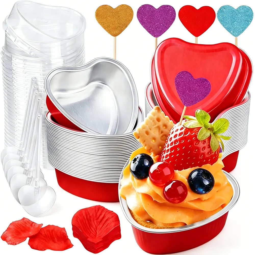 36-Piece Romantic 3.4oz Valentine’s Day Heart-Shaped Grease-Resistant Aluminum Foil Bakeware Cup Set - Pre-Formed Baking Cups with Transparent Lids, Spoons, Heart Cards, Artificial Rose Petals for Loved Ones, Weddings, Cake Cup