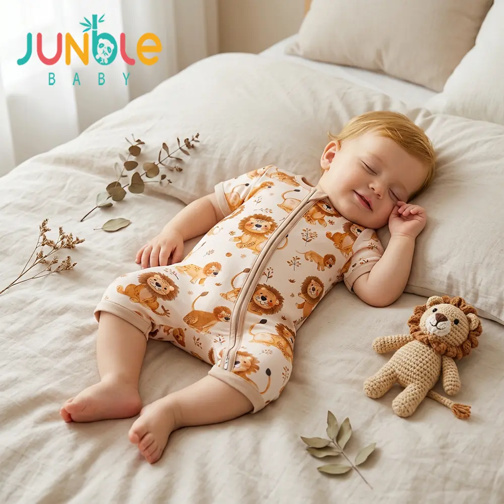 Junblebaby - Boys' Bamboo Fiber Short-Sleeved Zipper romper-Features Cute animals-Lion print Pattern. bamboo baby zipper romper,baby cute jumpsuit, Boys' Clothing ,Two-Way Zipper , Suitable for 0-3-Year-Old Baby for Outdoor Play