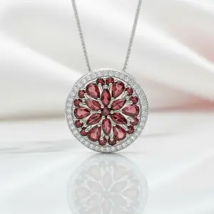 Natural Red Garnet Gemstone Round Pendant Necklace