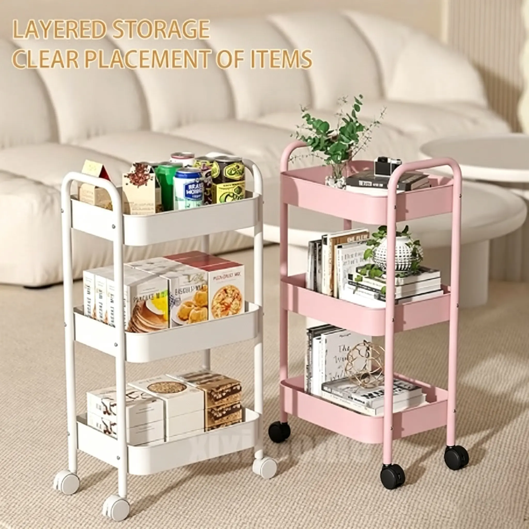 3-Tier Stainless Steel Rolling Cart with Storage Baskets - No-Assembly Organizer Rack with High Edges, Handle, Foldable Space-Saving Shelf (20 - 25 Kg Capacity) for Kitchen, Bathroom Multiple Uses