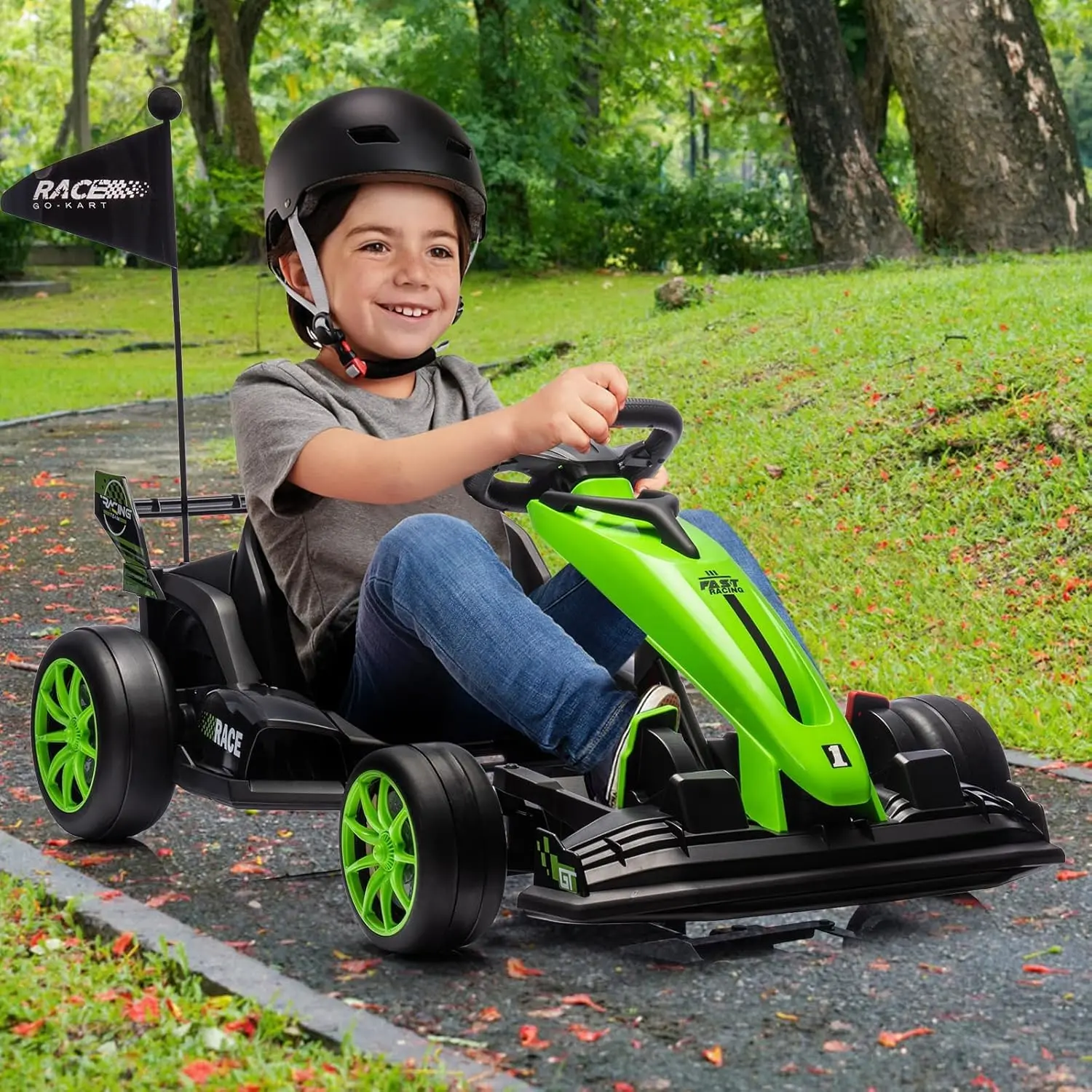 Gaomon Kids' Green Electric Go Kart for Young Racing Enthusiasts (Ages 3-8) - 24V Power, Dual 200W Motors, Nylon Wheels, Variable Speed Control, Forward/Reverse, Encourages Safe Outdoor Play