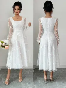 Elegant Women's Long Dress, Solid Color Mesh Embroidered Fabric, Long Sleeve, Formal Occasions, Unique Design, Perfect Gift Choice